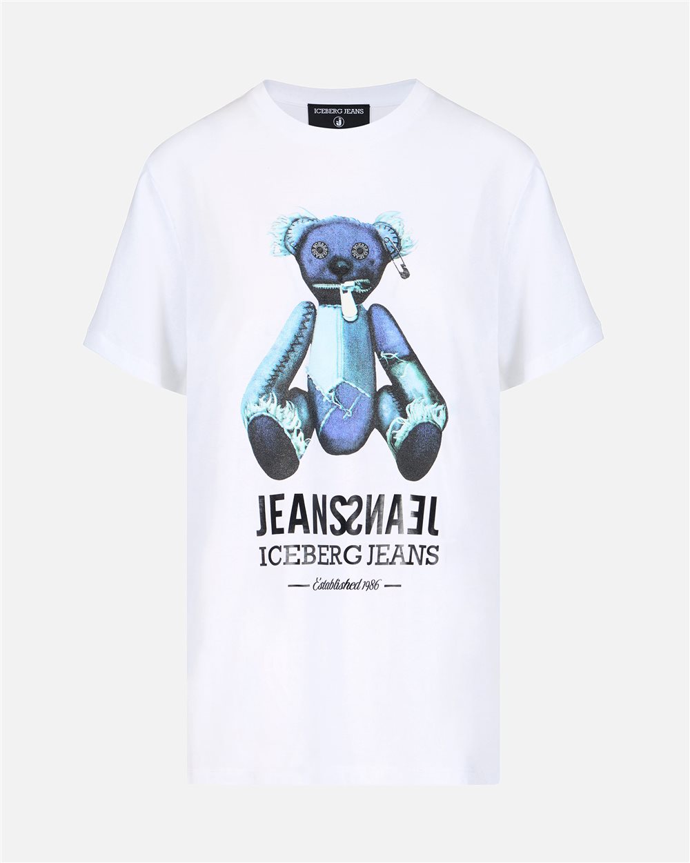 Regular-fit optical white T-shirt with denim teddy bear and shiny Iceberg logo - Iceberg - Official Website