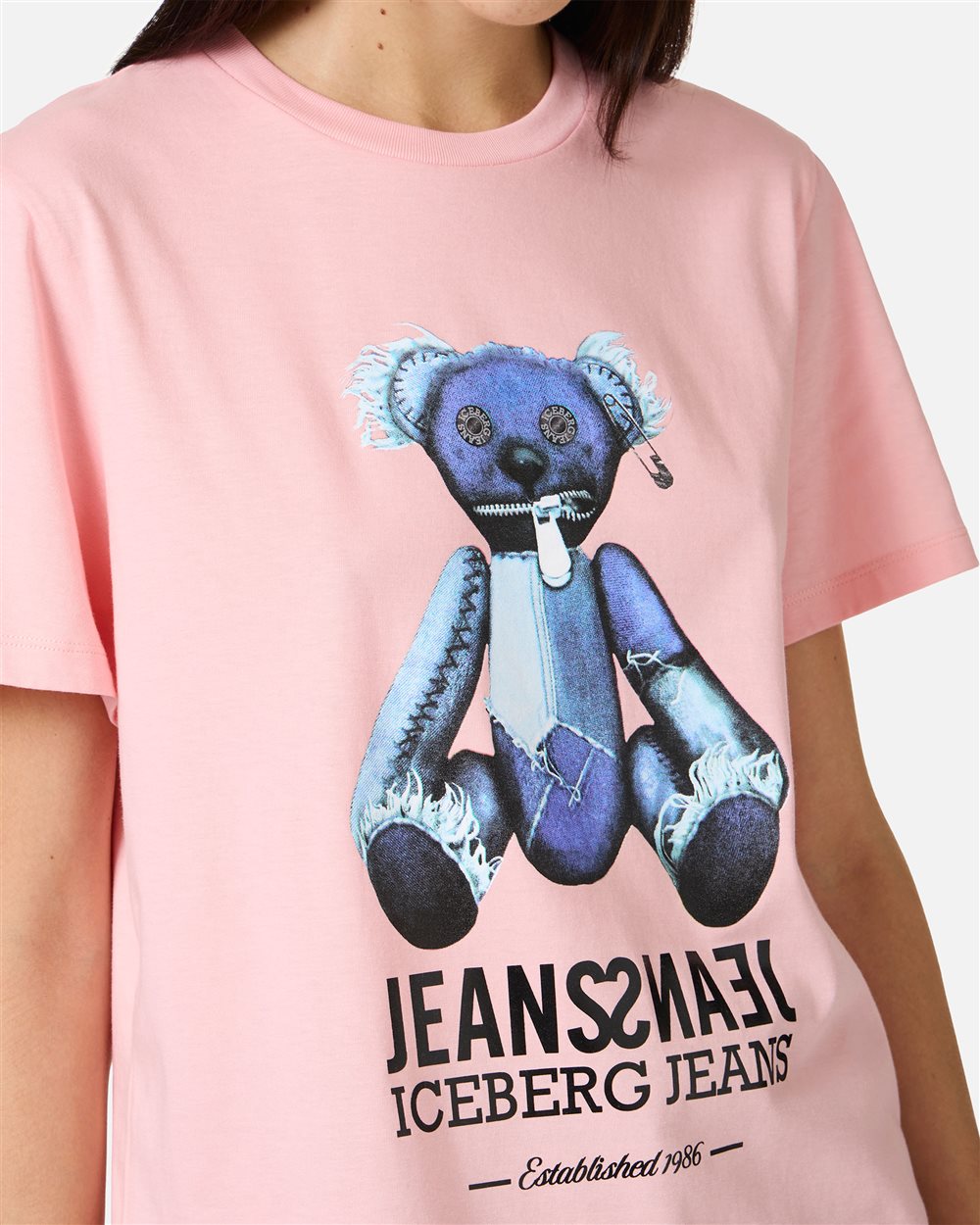 Regular-fit pink T-shirt with denim teddy bear and shiny Iceberg logo - Iceberg - Official Website