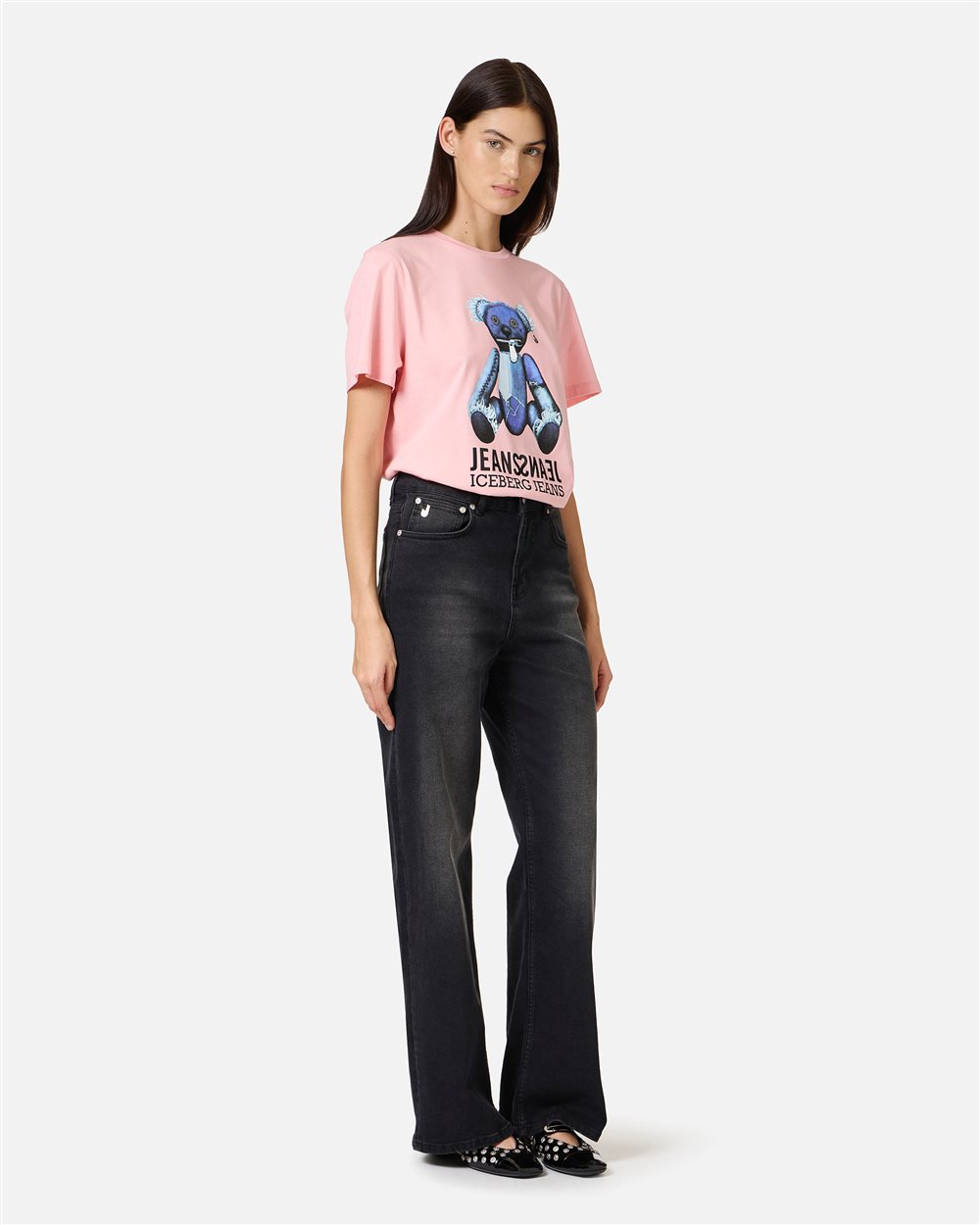 Regular-fit pink T-shirt with denim teddy bear and shiny Iceberg logo - Iceberg - Official Website