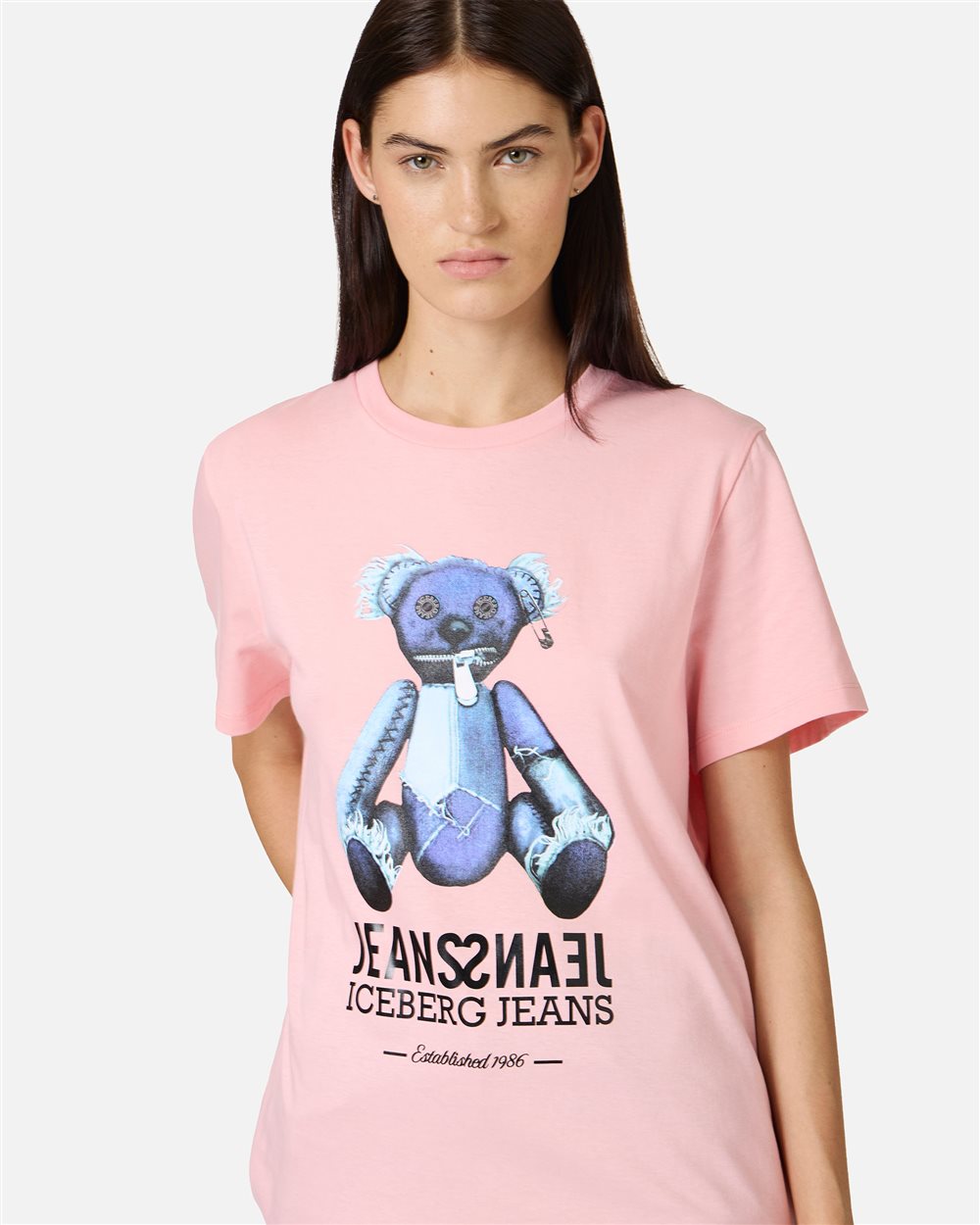 Regular-fit pink T-shirt with denim teddy bear and shiny Iceberg logo - Iceberg - Official Website