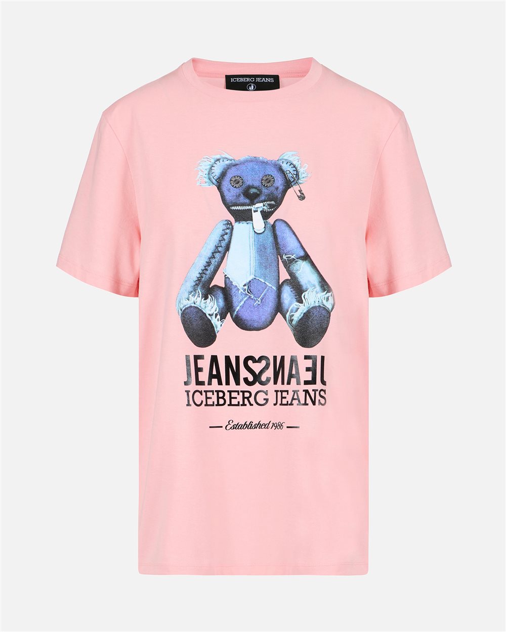 Regular-fit pink T-shirt with denim teddy bear and shiny Iceberg logo - Iceberg - Official Website
