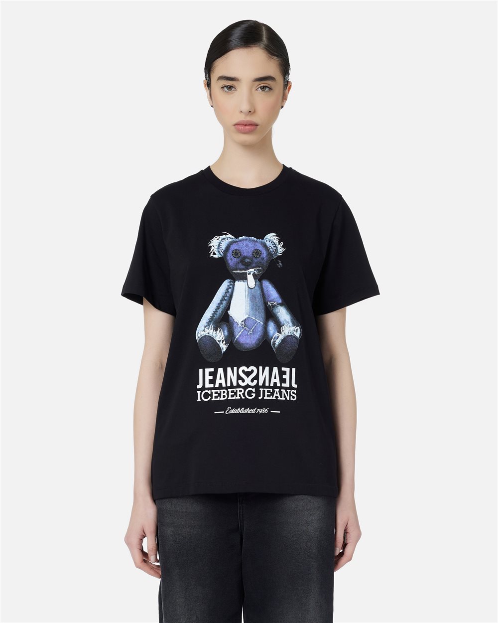 Regular-fit black T-shirt with denim teddy bear and shiny Iceberg logo - Iceberg - Official Website
