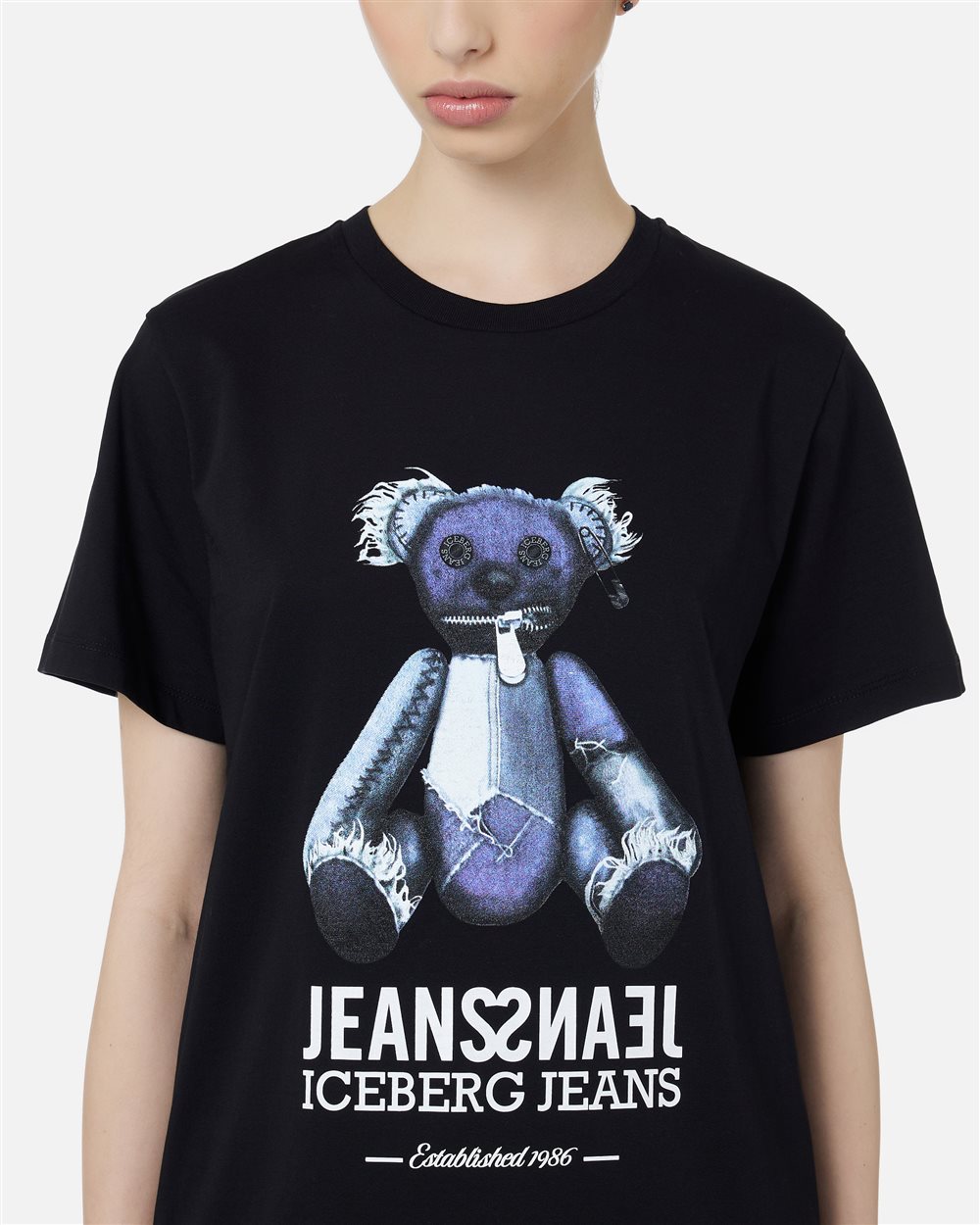 Regular-fit black T-shirt with denim teddy bear and shiny Iceberg logo - Iceberg - Official Website