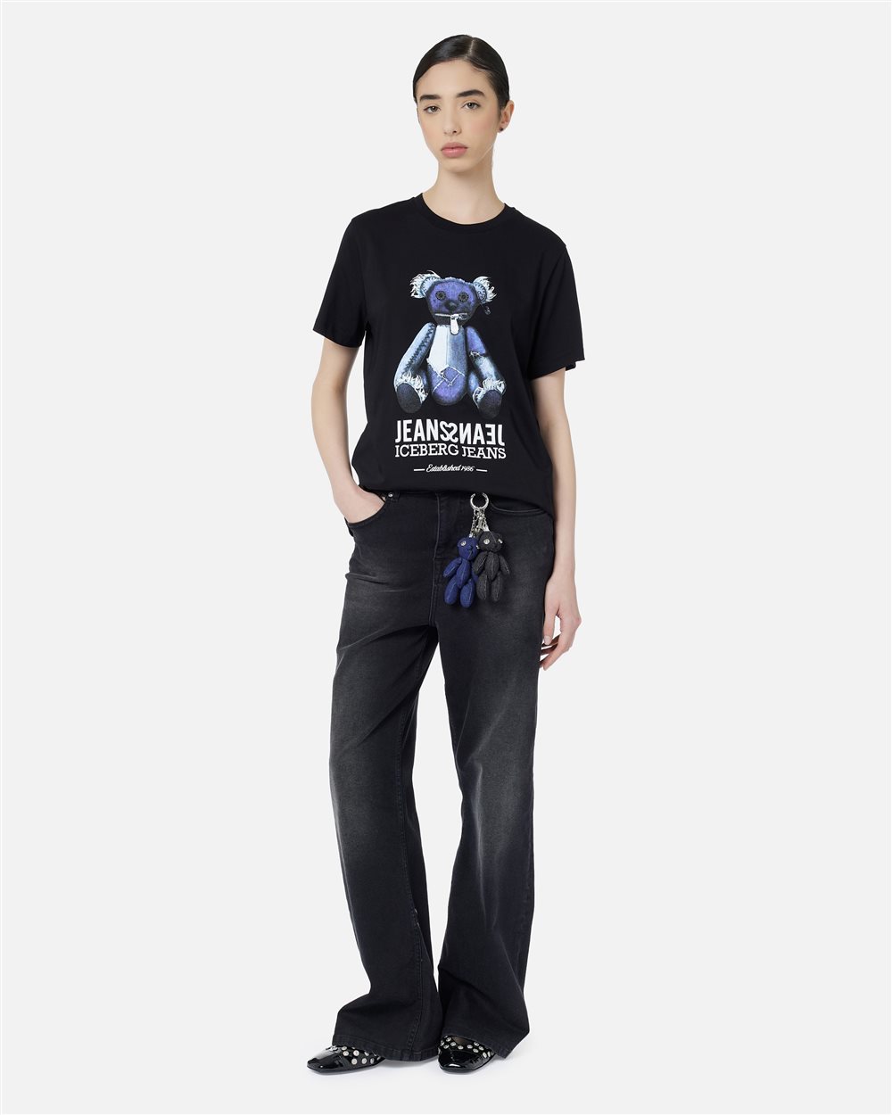 Regular-fit black T-shirt with denim teddy bear and shiny Iceberg logo - Iceberg - Official Website