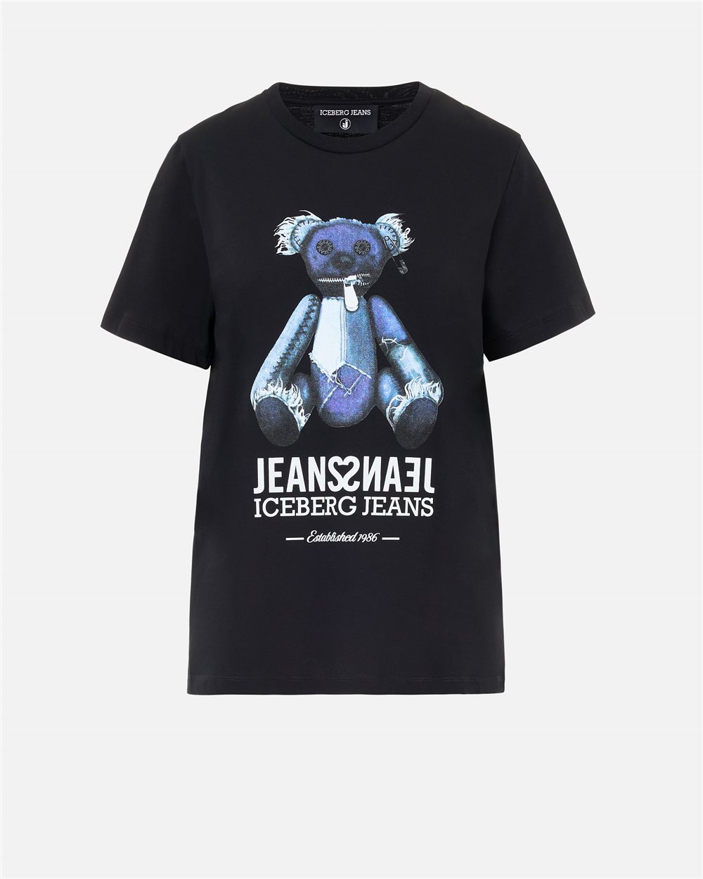 Regular-fit black T-shirt with denim teddy bear and shiny Iceberg logo - Iceberg - Official Website
