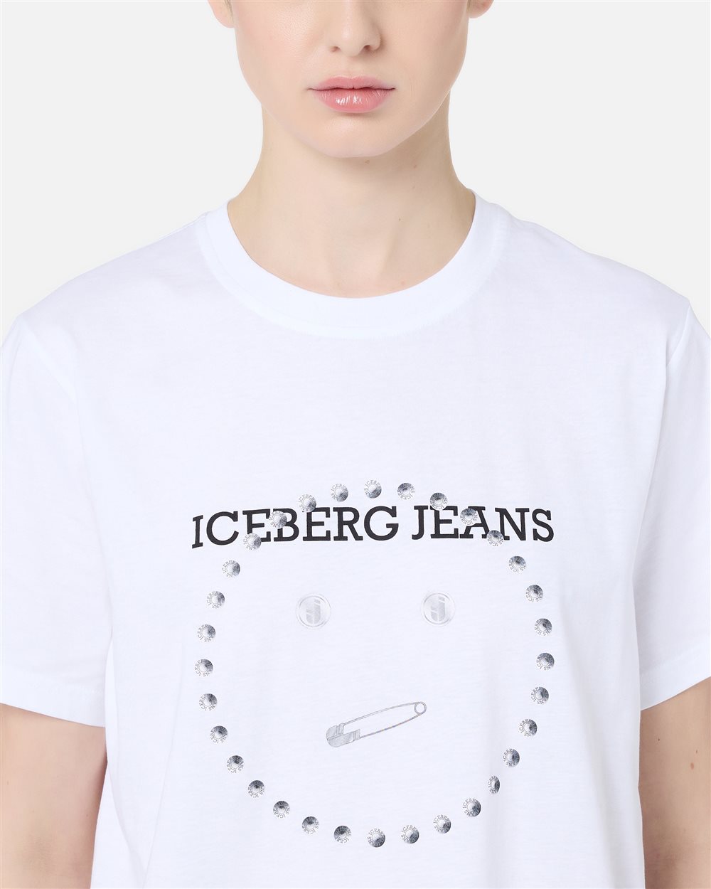Regular Fit T-shirt in Optical White Cotton Jersey with Smile Print and Iceberg Logo Metal Details - Iceberg - Official Website