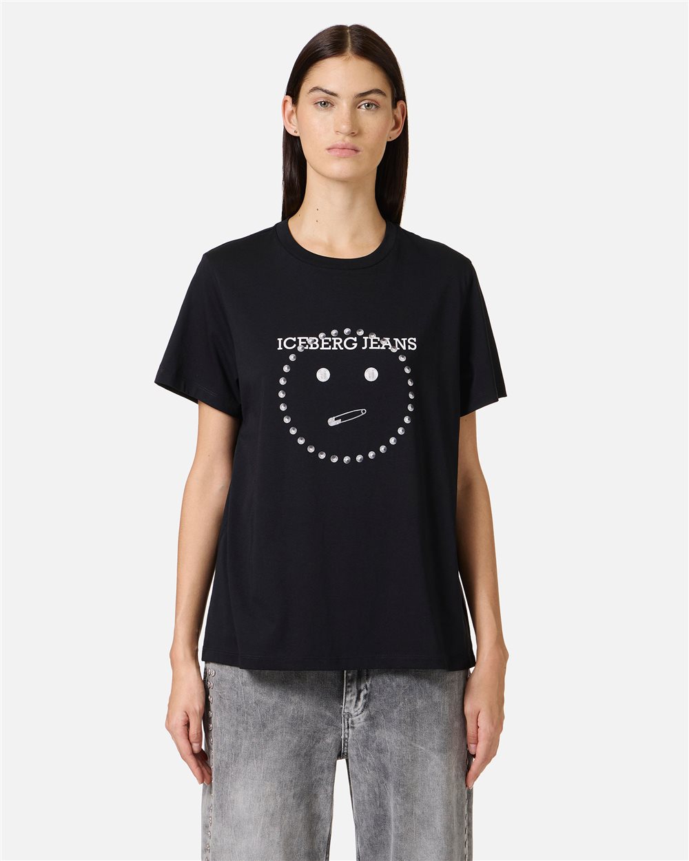 Regular Fit T-shirt in Black Cotton Jersey with Smile Print and Iceberg Logo Metal Details - Iceberg - Official Website