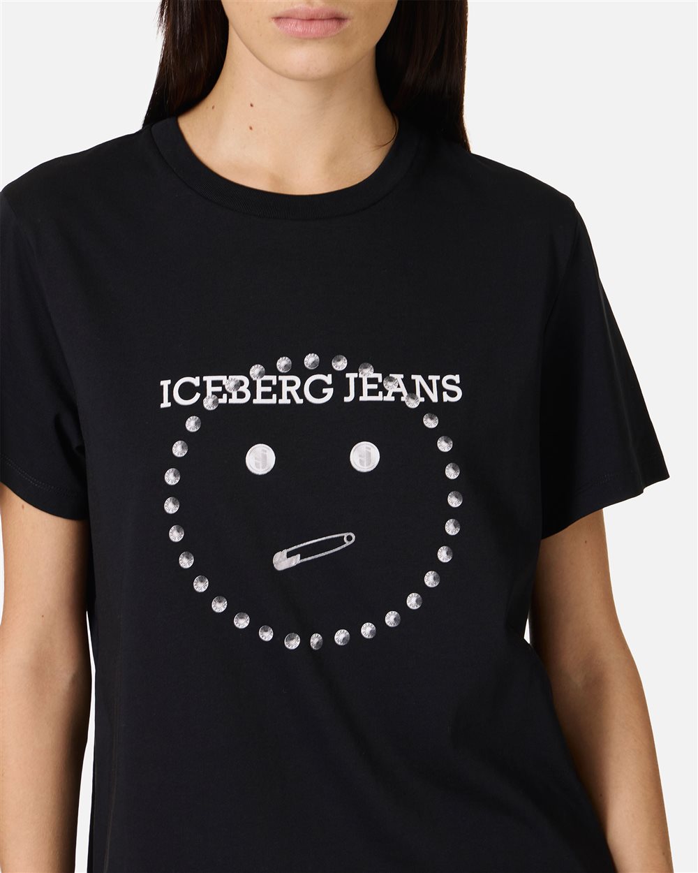 Regular Fit T-shirt in Black Cotton Jersey with Smile Print and Iceberg Logo Metal Details - Iceberg - Official Website
