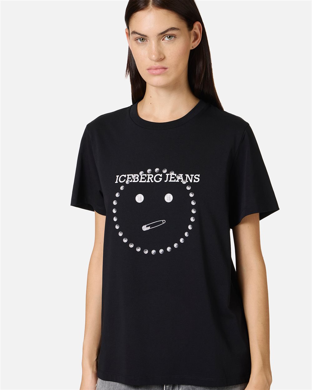 Regular Fit T-shirt in Black Cotton Jersey with Smile Print and Iceberg Logo Metal Details - Iceberg - Official Website