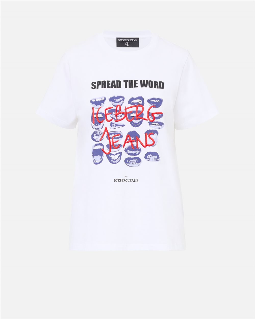 Regular Fit T-shirt in Optical White Cotton Jersey with Mouths Print Spread the Word - Iceberg - Official Website