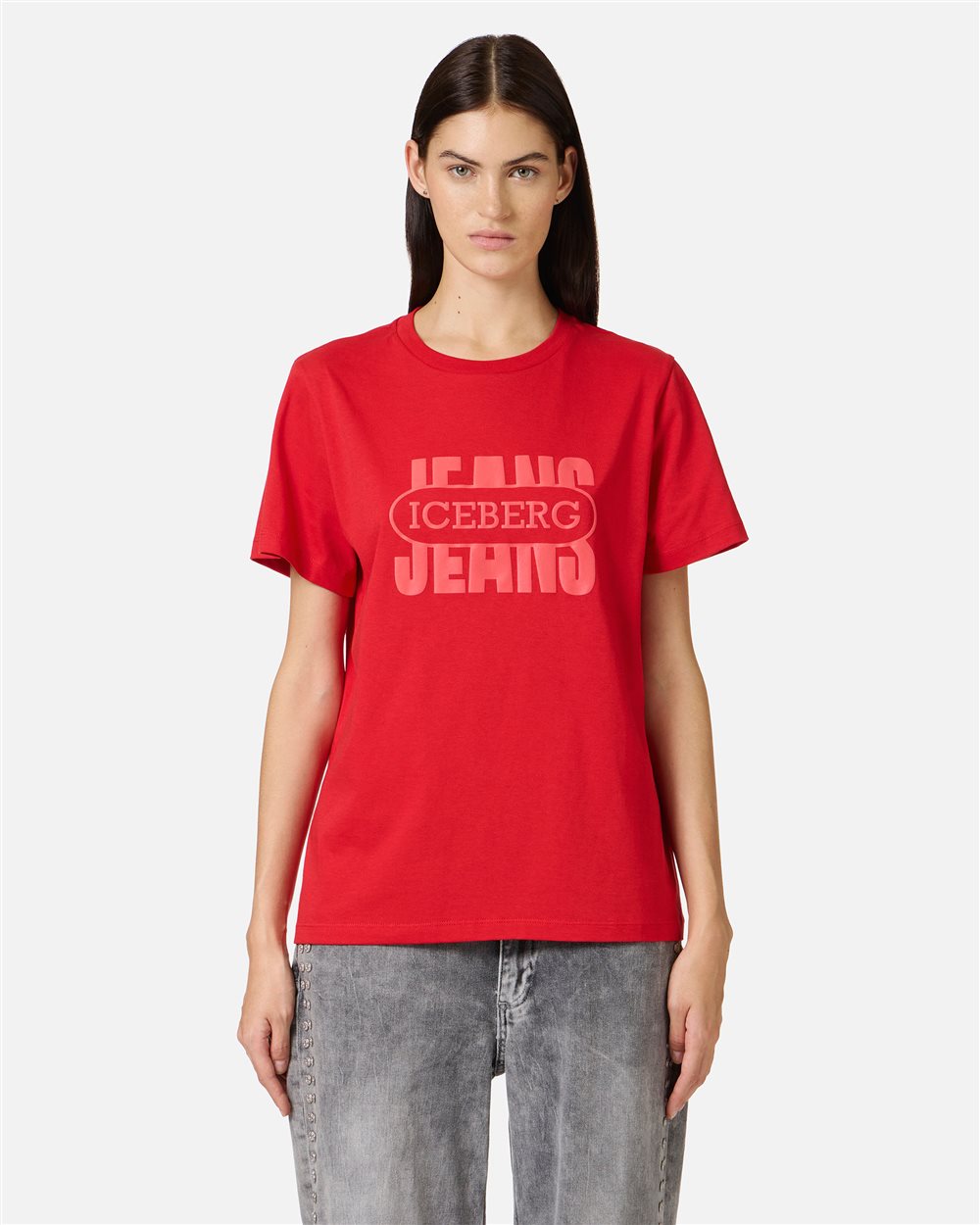 Deep red T-shirt with thickened vintage logoDeep red T-shirt with thickened vintage logo - Iceberg - Official Website