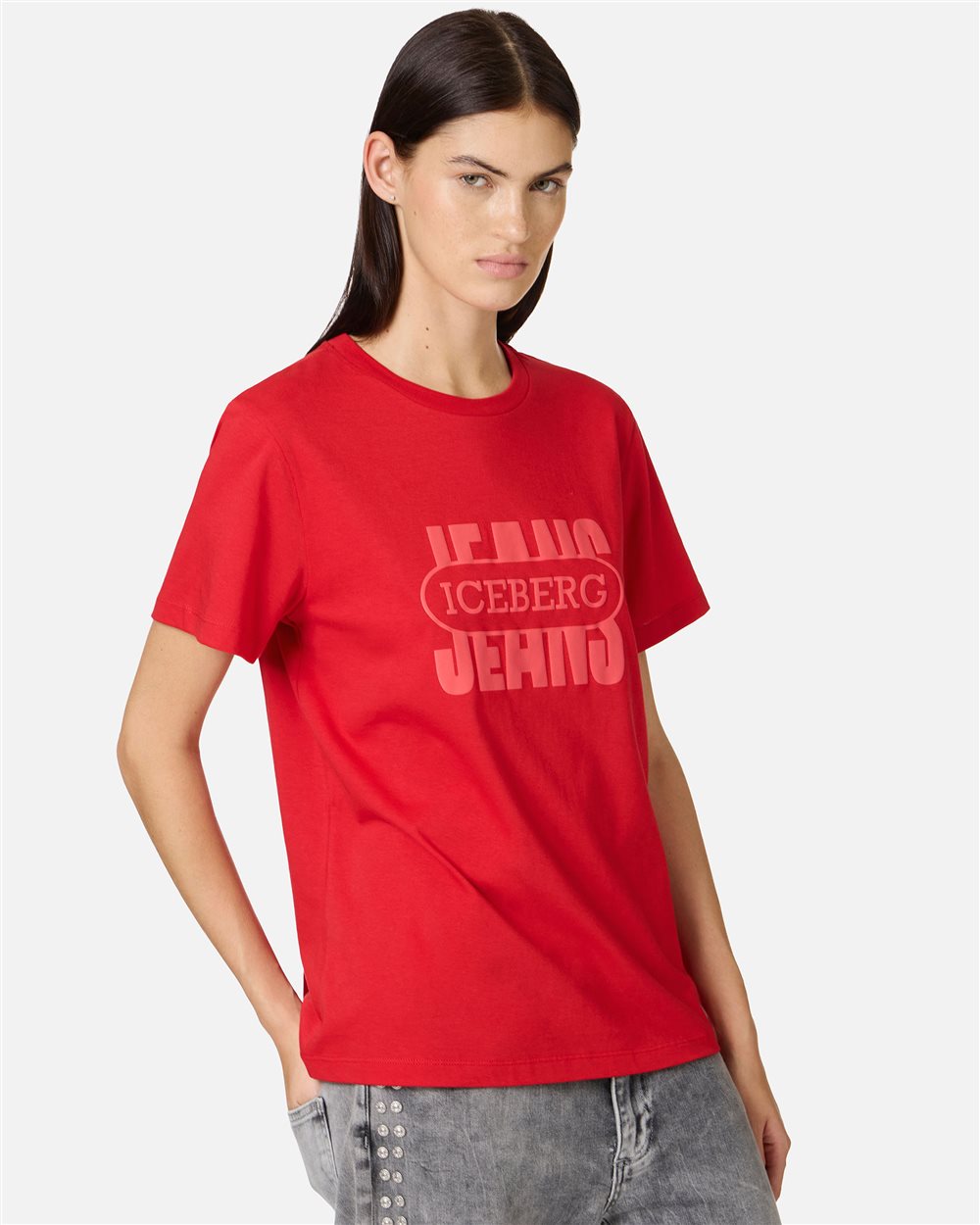 Deep red T-shirt with thickened vintage logoDeep red T-shirt with thickened vintage logo - Iceberg - Official Website