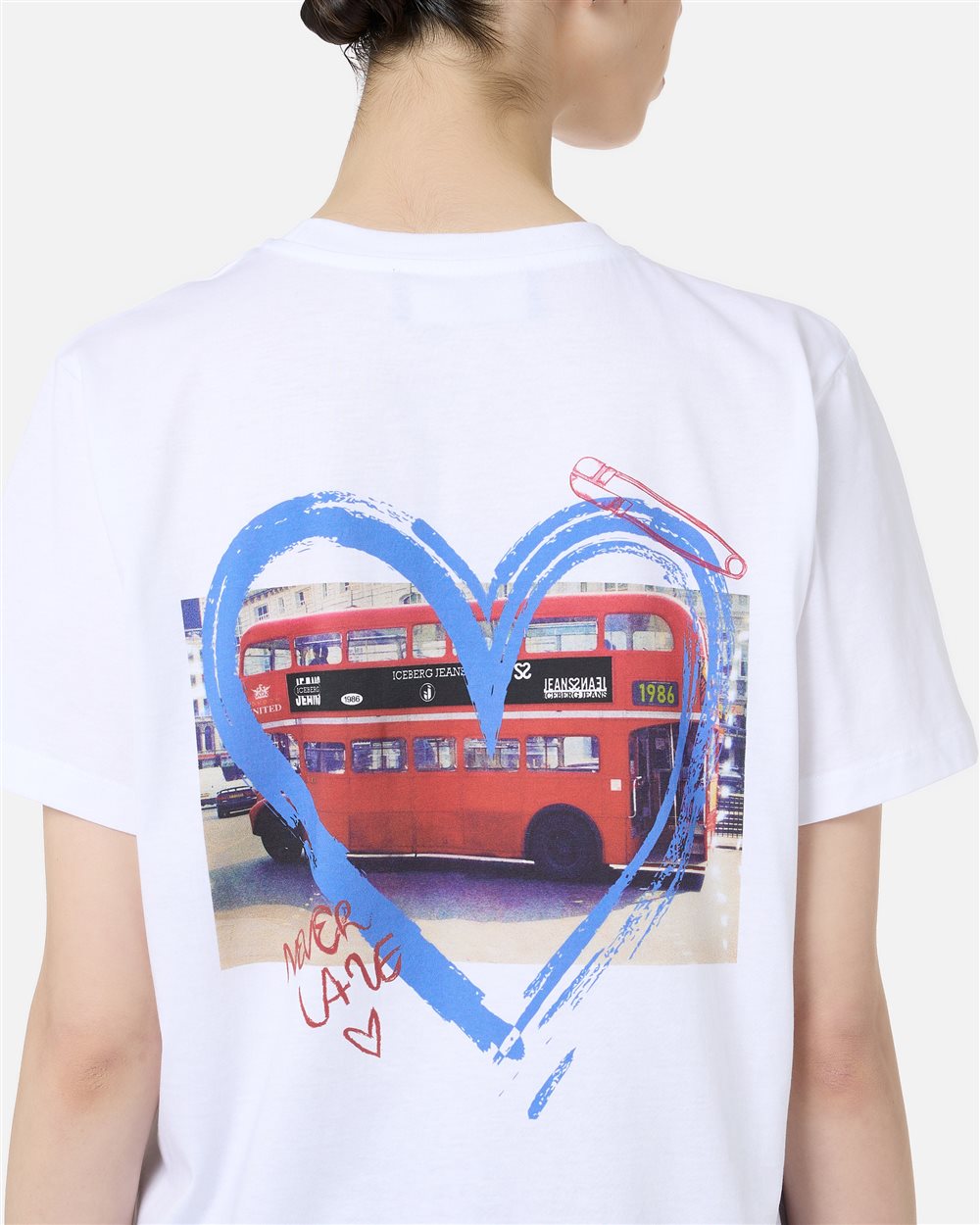 Regular Fit T-shirt in Optical White Cotton Jersey with Logo Embroidery and Double Decker Print - Iceberg - Official Website