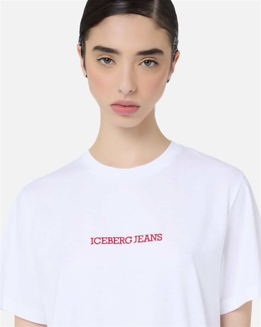 Regular Fit T-shirt in Optical White Cotton Jersey with Logo Embroidery and Double Decker Print - Iceberg - Official Website