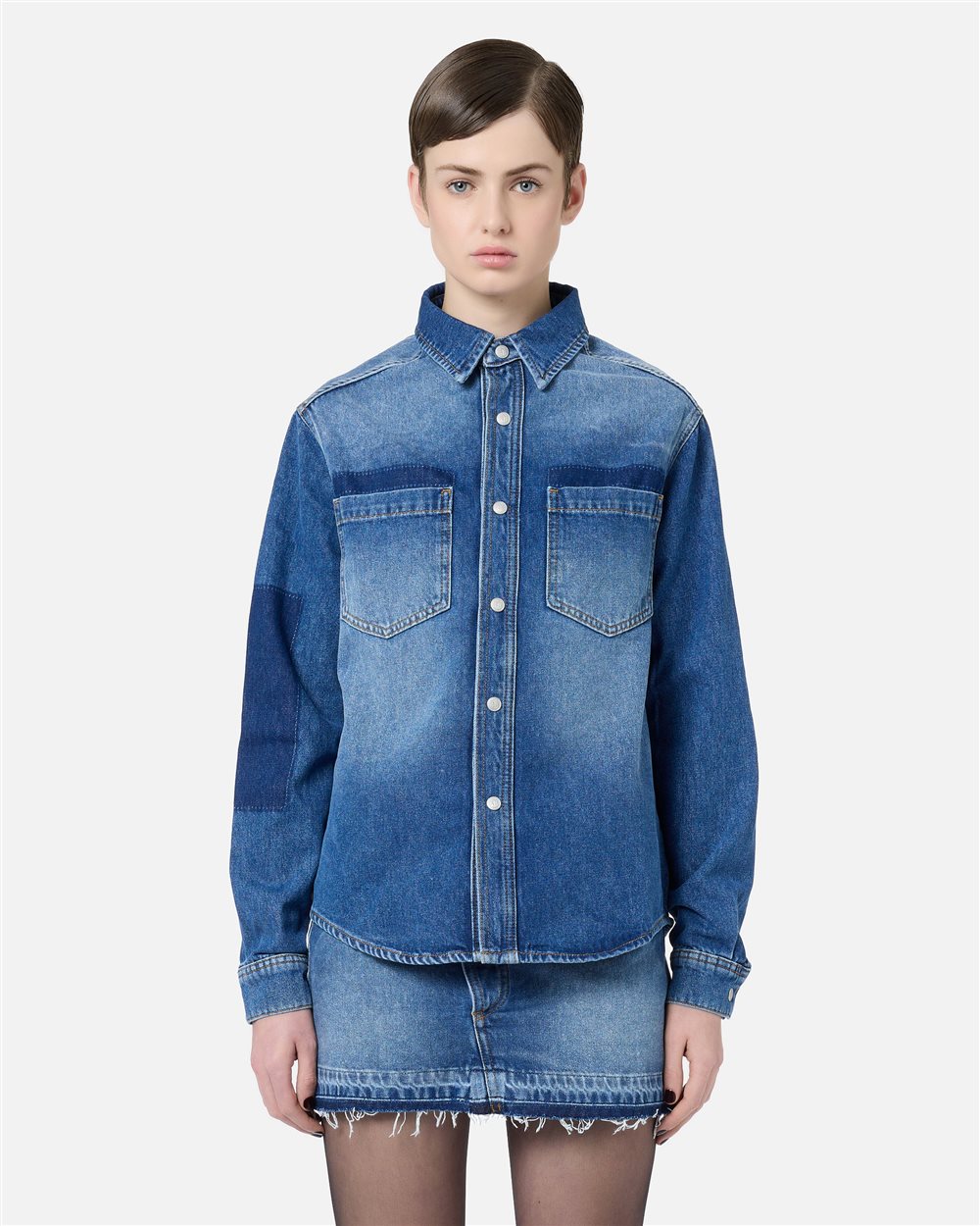 Regular-fit 5-pocket indigo denim shirt with raw-edge details and Iceberg logo - Iceberg - Official Website