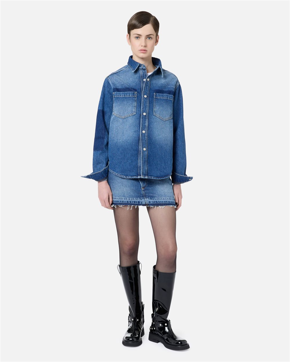 Regular-fit 5-pocket indigo denim shirt with raw-edge details and Iceberg logo - Iceberg - Official Website