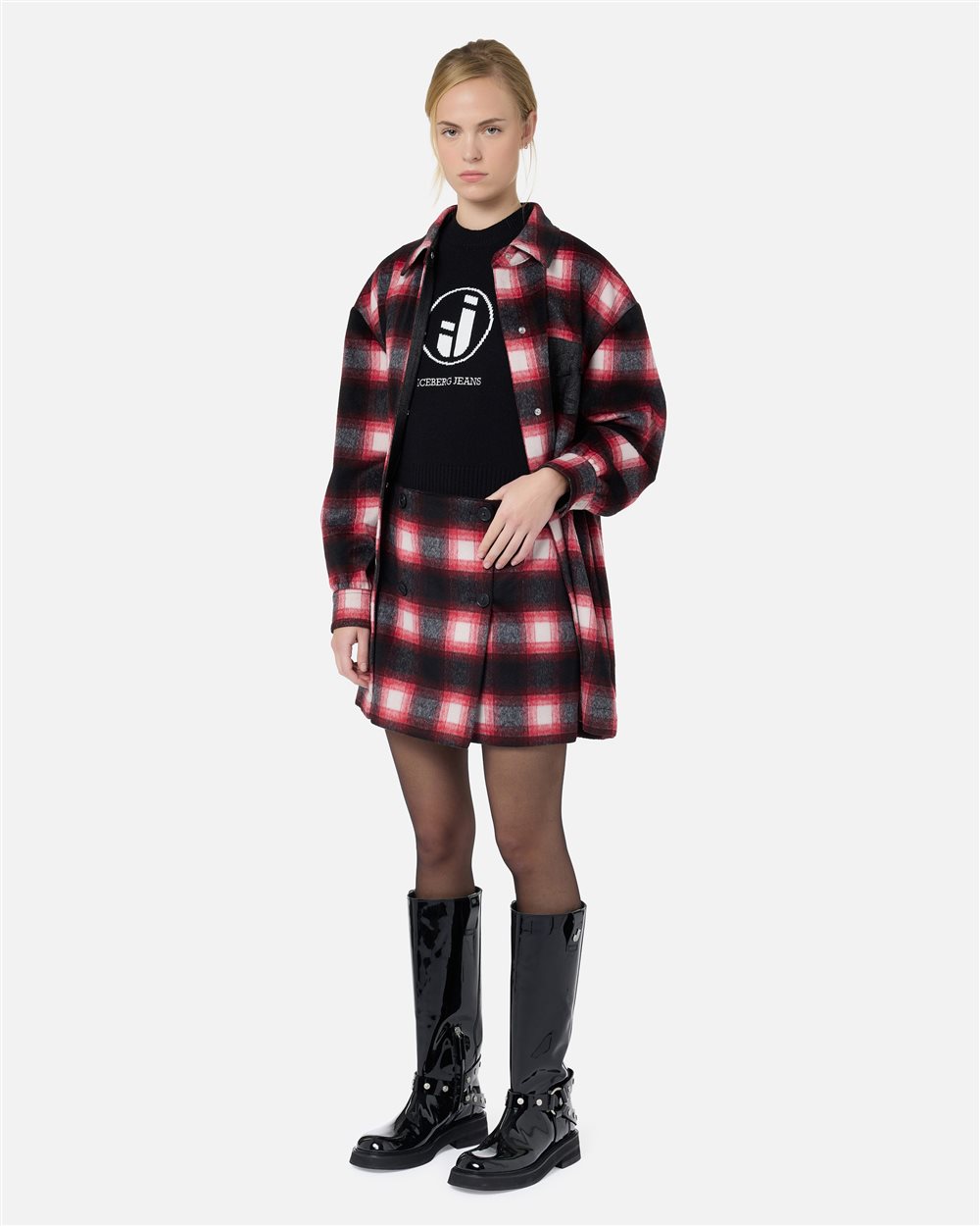 Red and black check overshirt with denim details and Iceberg logo buttons - Iceberg - Official Website