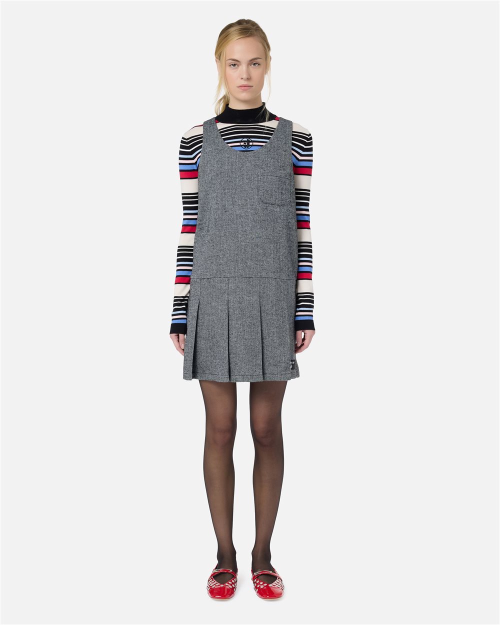 Sleeveless mini dress in black and white striped herringbone wool blend - Iceberg - Official Website
