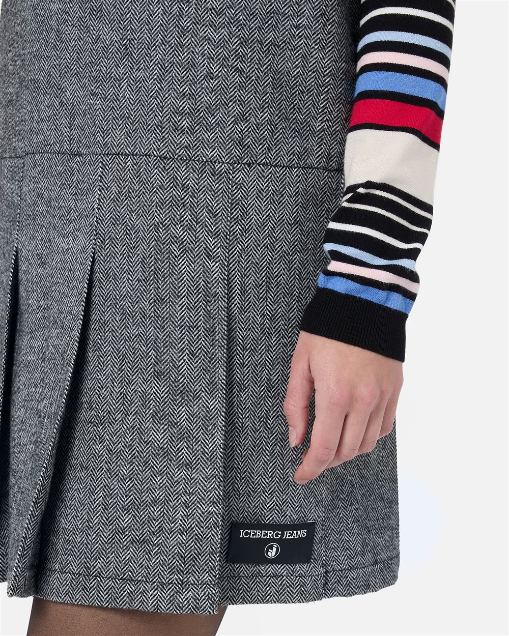 Sleeveless mini dress in black and white striped herringbone wool blend - Iceberg - Official Website