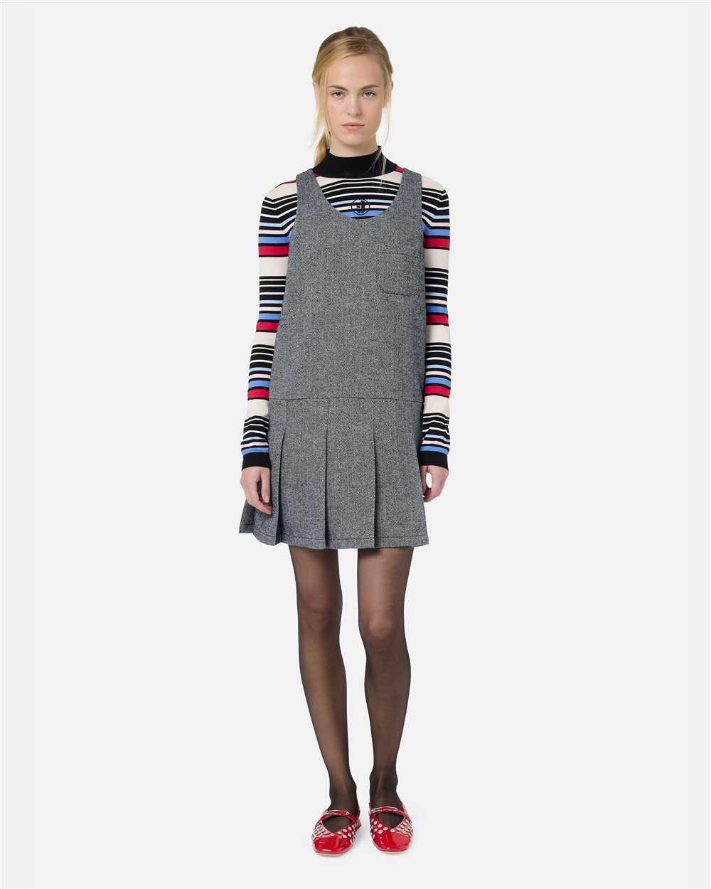Sleeveless mini dress in black and white striped herringbone wool blend - Iceberg - Official Website