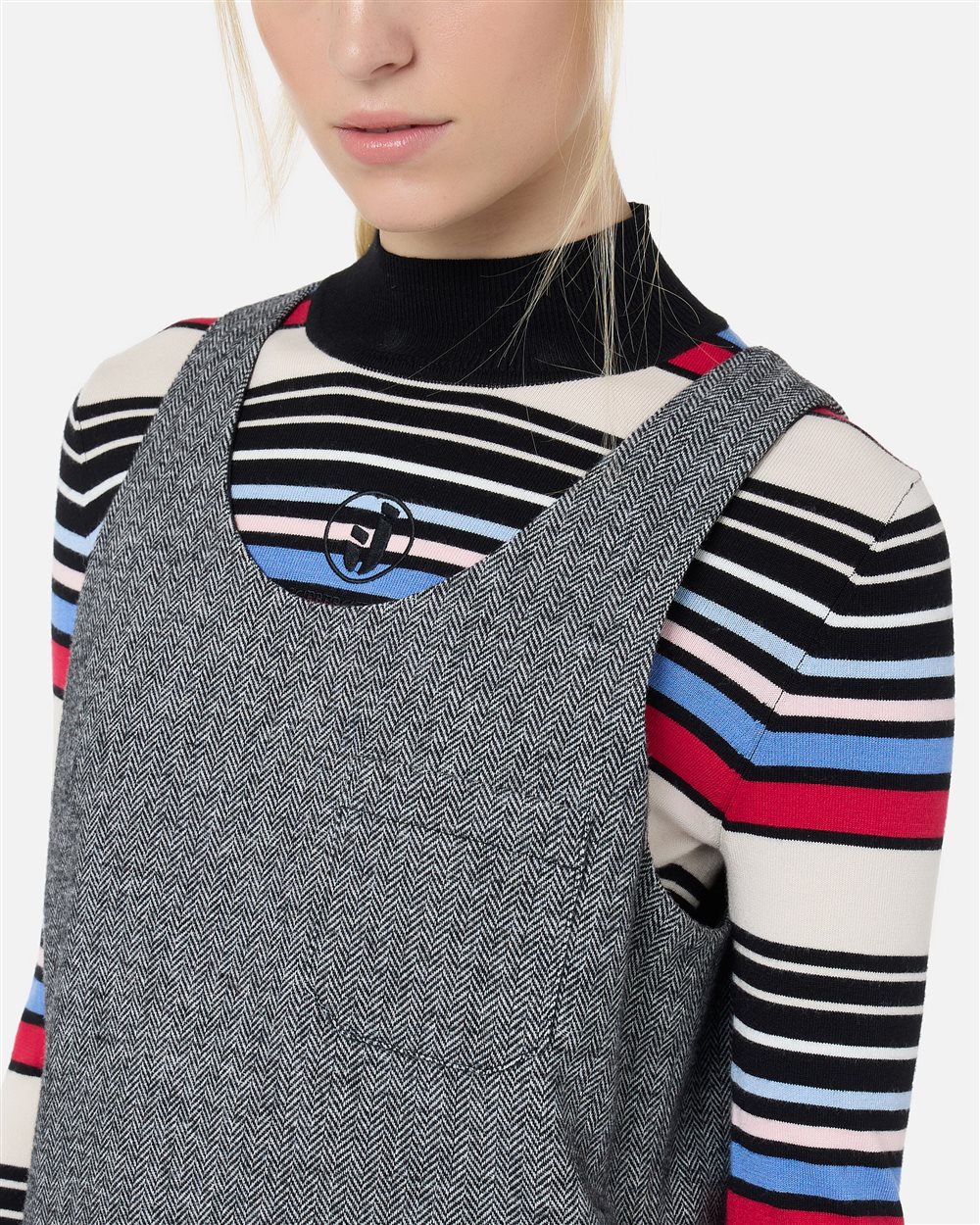 Sleeveless mini dress in black and white striped herringbone wool blend - Iceberg - Official Website