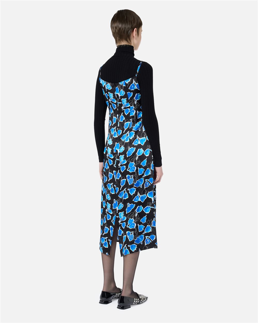 Long-fit slip dress in black and blue patterned viscose twill - Iceberg - Official Website