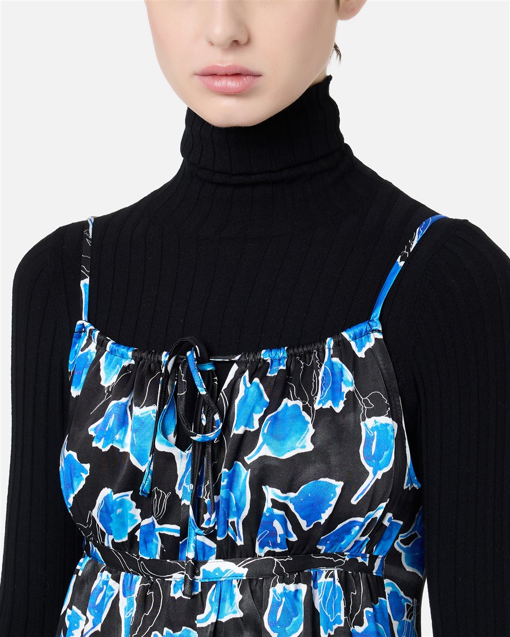 Long-fit slip dress in black and blue patterned viscose twill - Iceberg - Official Website