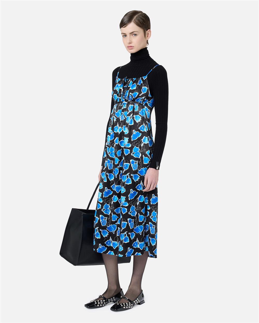 Long-fit slip dress in black and blue patterned viscose twill - Iceberg - Official Website