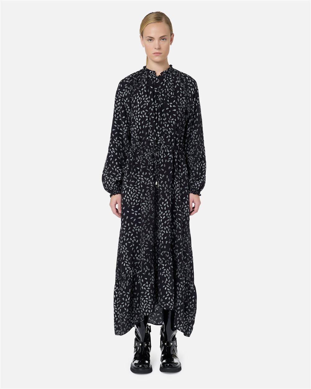 Long dress in viscose crepe with black-on-black microtulip print - Iceberg - Official Website