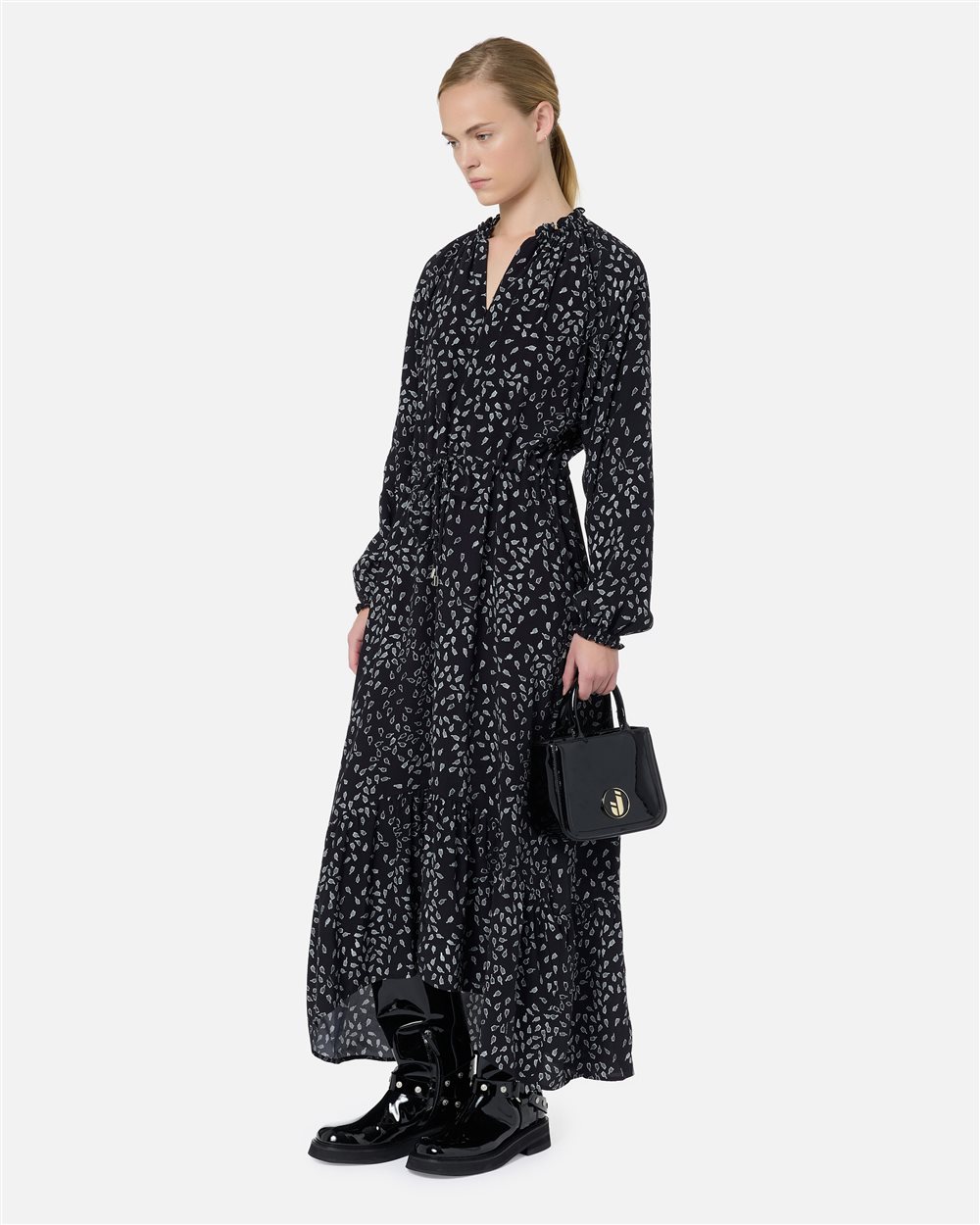 Long dress in viscose crepe with black-on-black microtulip print - Iceberg - Official Website