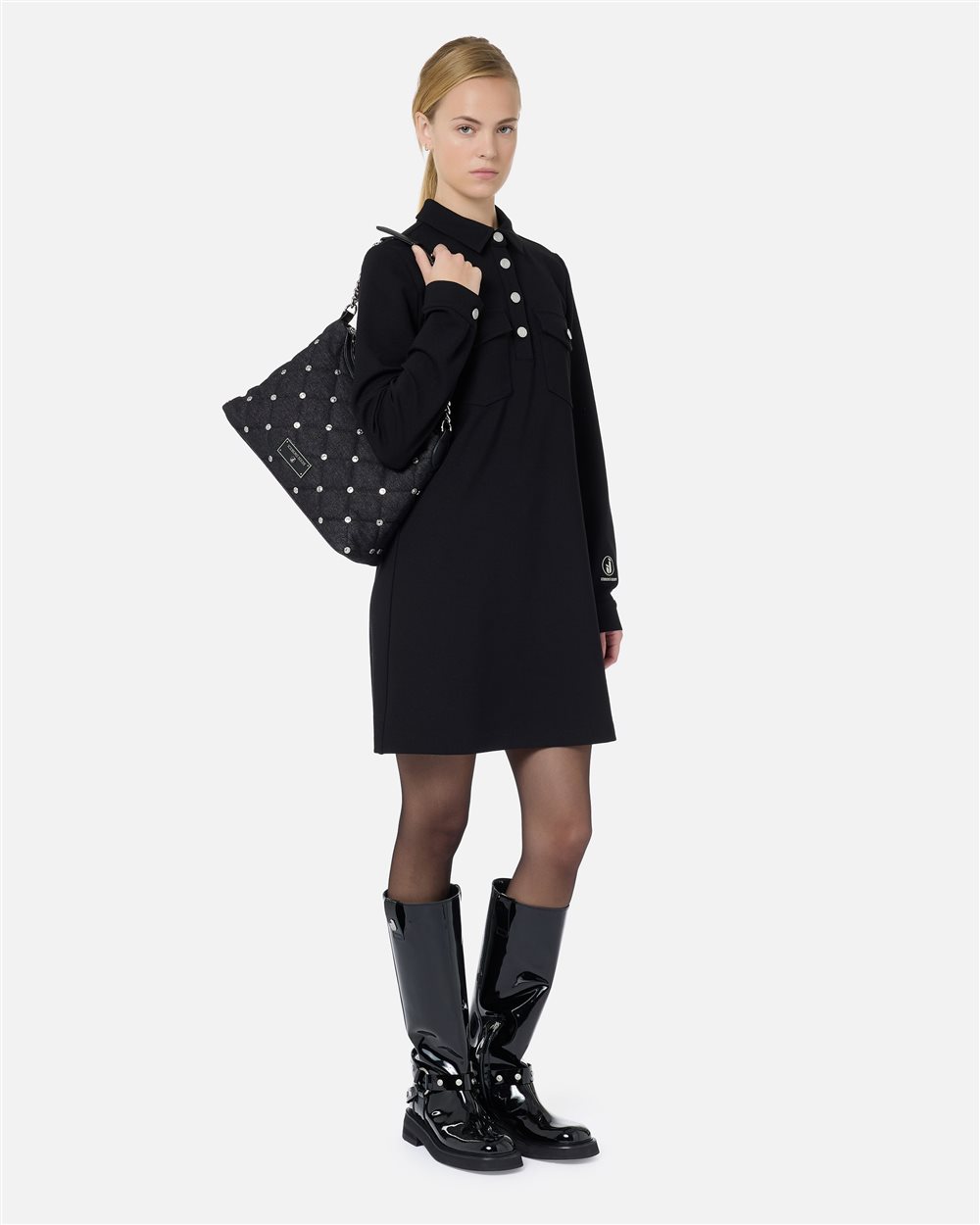Black polo-fit minidress in stretch Milano stitch with Iceberg logo details - Iceberg - Official Website