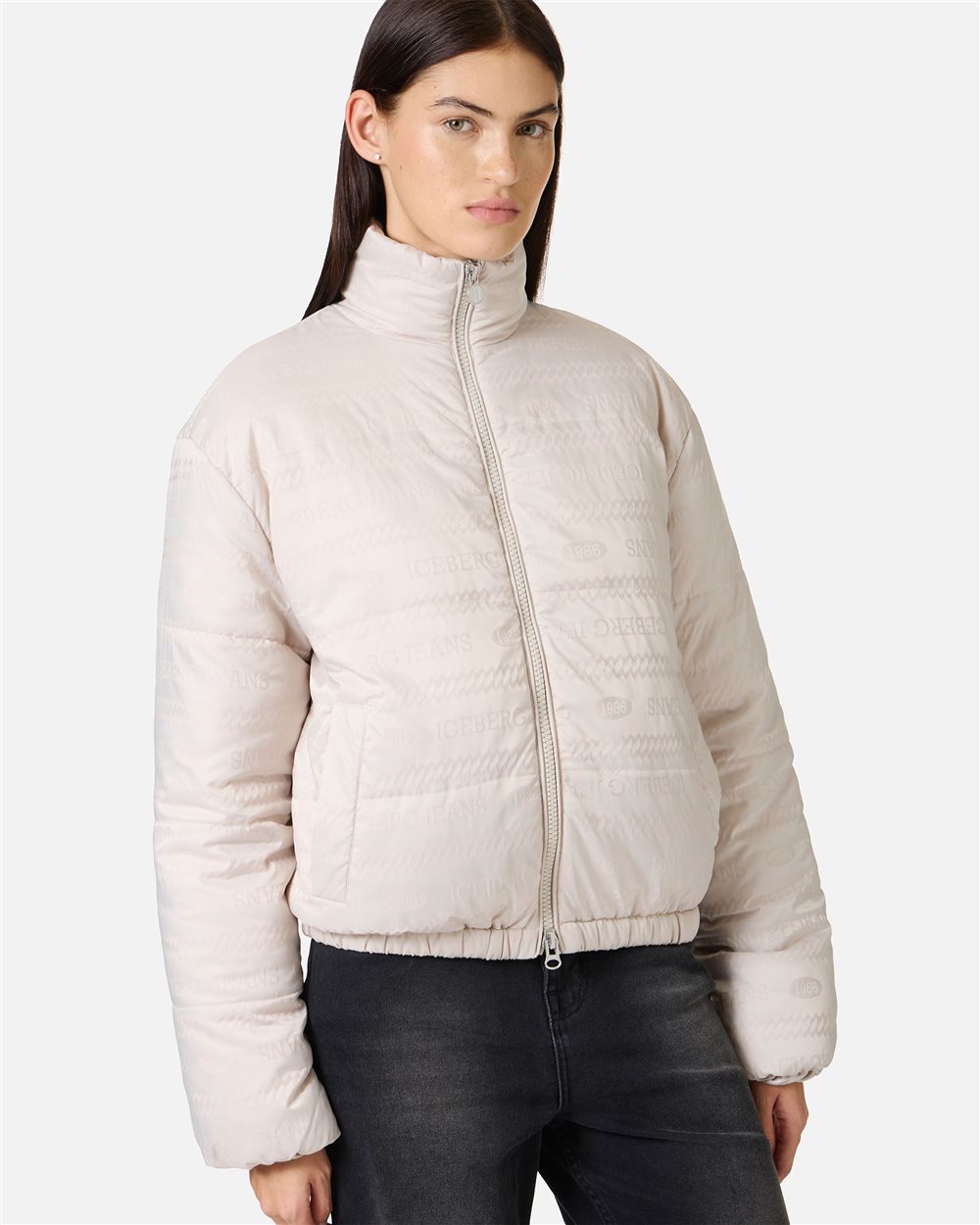 Mini-fit white nylon jacquard jacket with 1986 logo and Iceberg eco-down padding - Iceberg - Official Website