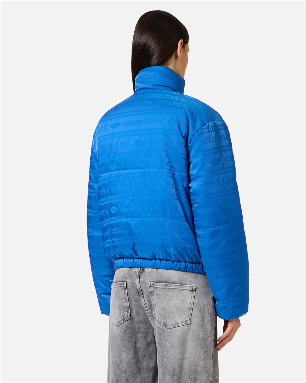 Mini-fit blue nylon jacquard jacket with 1986 logo and Iceberg eco-down padding - Iceberg - Official Website