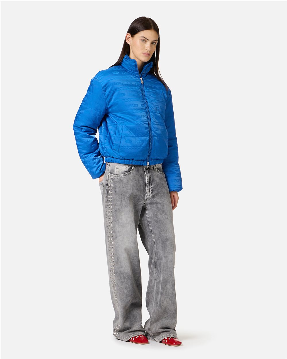 Mini-fit blue nylon jacquard jacket with 1986 logo and Iceberg eco-down padding - Iceberg - Official Website