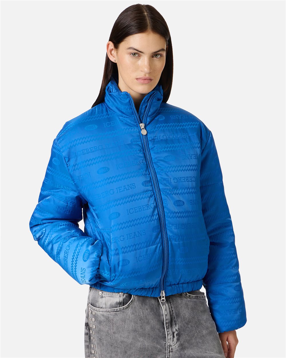 Mini-fit blue nylon jacquard jacket with 1986 logo and Iceberg eco-down padding - Iceberg - Official Website
