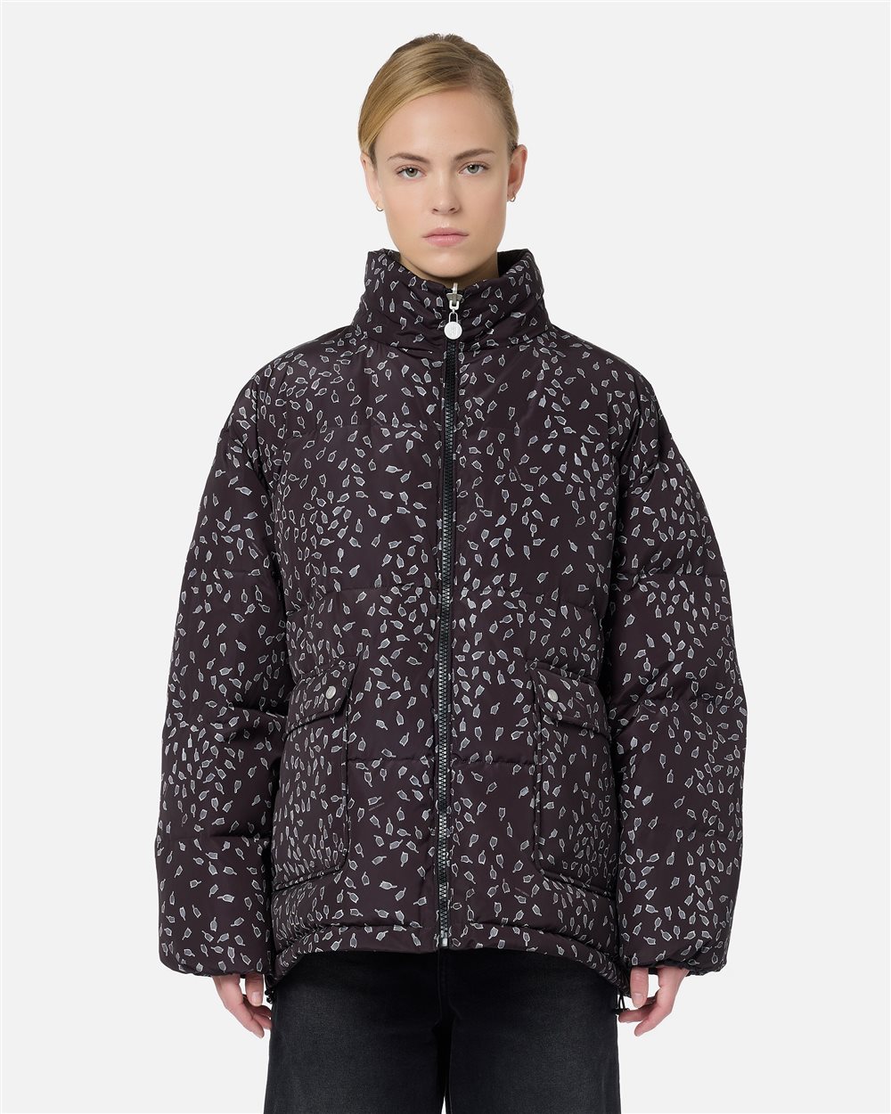 Giubbotto midi fit reversibile stampa microtulipani fondo nero - Iceberg - Official Website