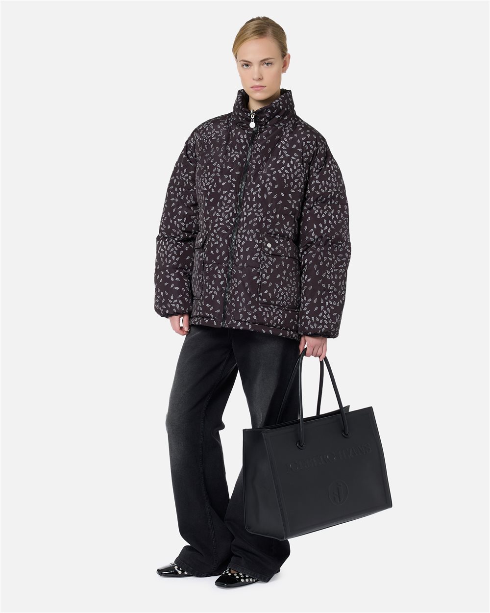 Giubbotto midi fit reversibile stampa microtulipani fondo nero - Iceberg - Official Website