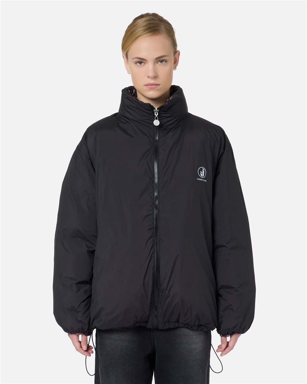 Giubbotto midi fit reversibile stampa microtulipani fondo nero - Iceberg - Official Website