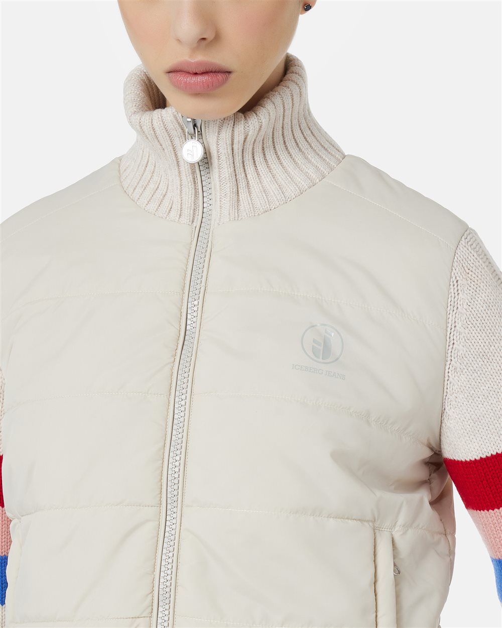 Ivory mini-fit jacket with striped sleeves and Iceberg logo - Iceberg - Official Website
