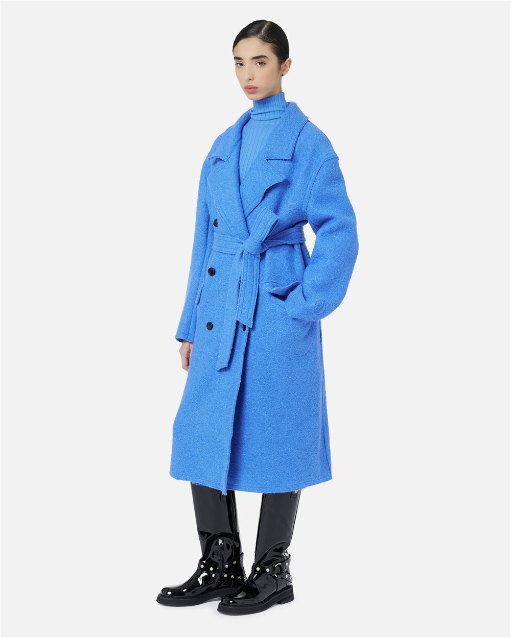 Double-breasted wrap fit coat in bluette bouclé cloth - Iceberg - Official Website