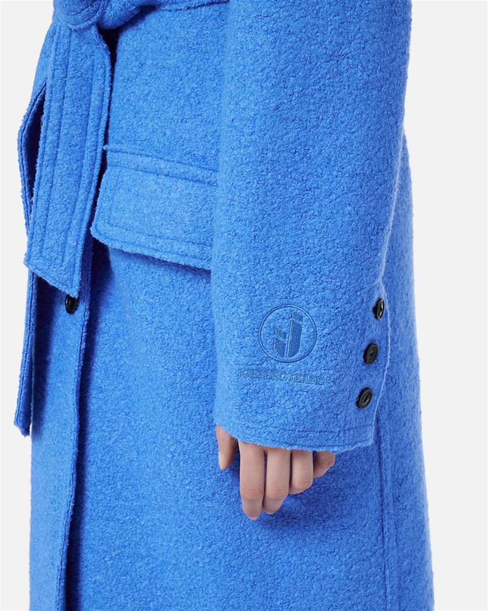 Double-breasted wrap fit coat in bluette bouclé cloth - Iceberg - Official Website