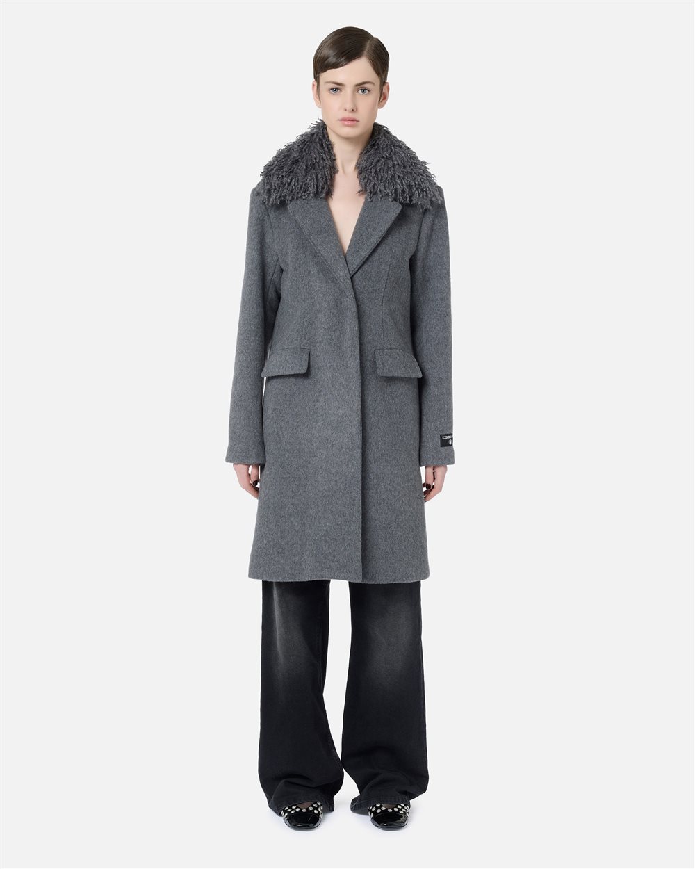 Coat in melange grey cloth with detachable faux fur collar - Iceberg - Official Website
