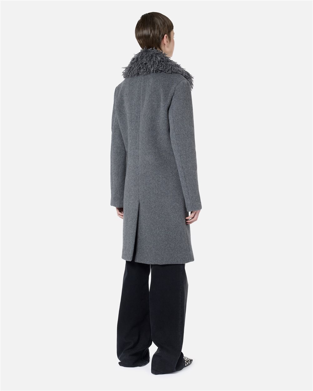 Coat in melange grey cloth with detachable faux fur collar - Iceberg - Official Website