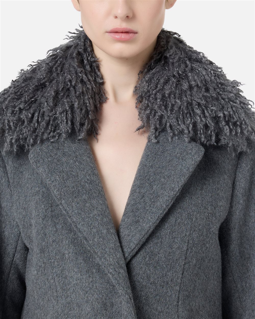 Coat in melange grey cloth with detachable faux fur collar - Iceberg - Official Website
