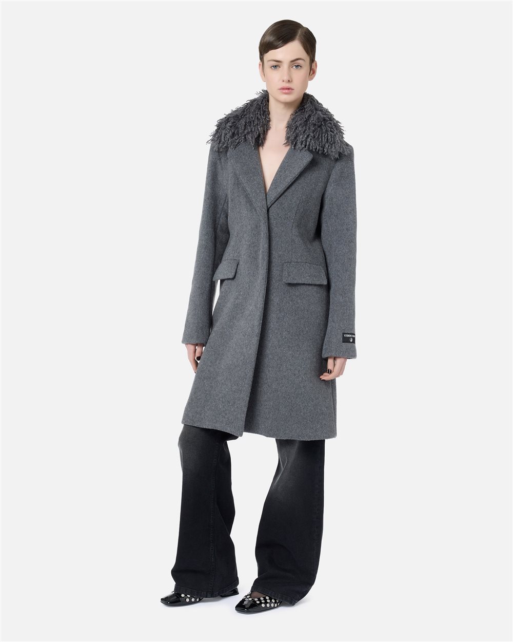 Coat in melange grey cloth with detachable faux fur collar - Iceberg - Official Website