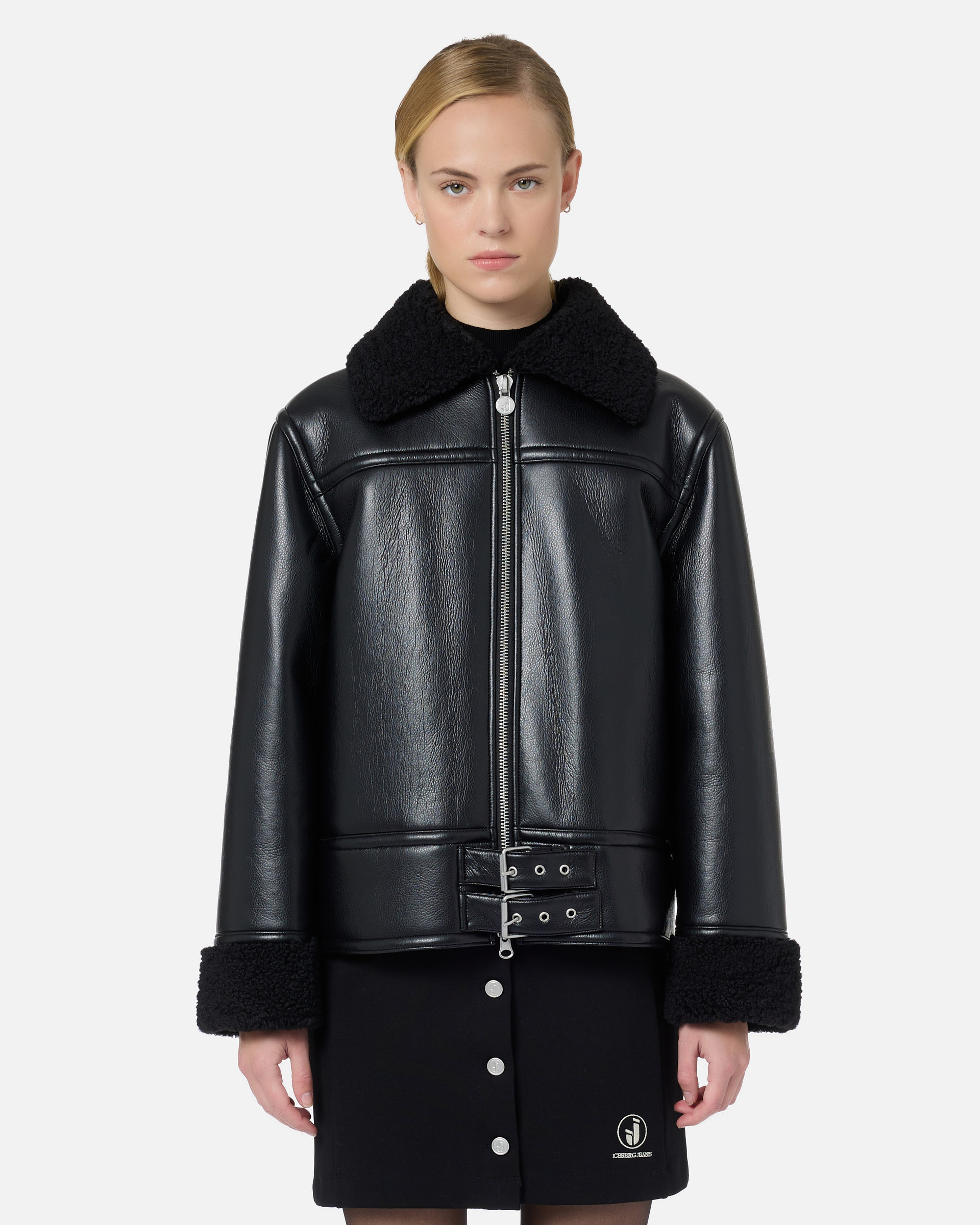 Black faux shearling aviator jacket with curly trim and Iceberg buckles - Iceberg - Official Website