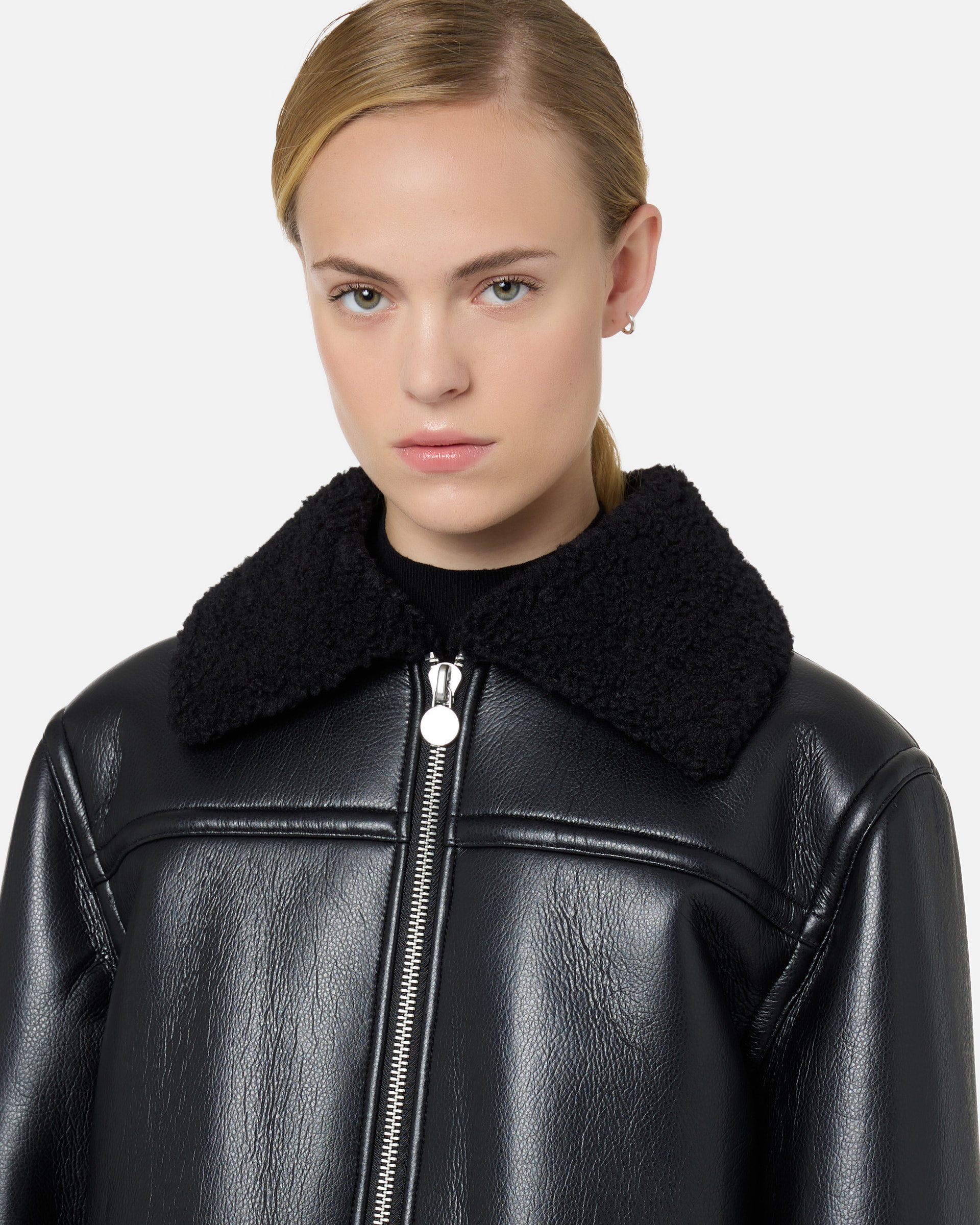 Black faux shearling aviator jacket with curly trim and Iceberg buckles - Iceberg - Official Website