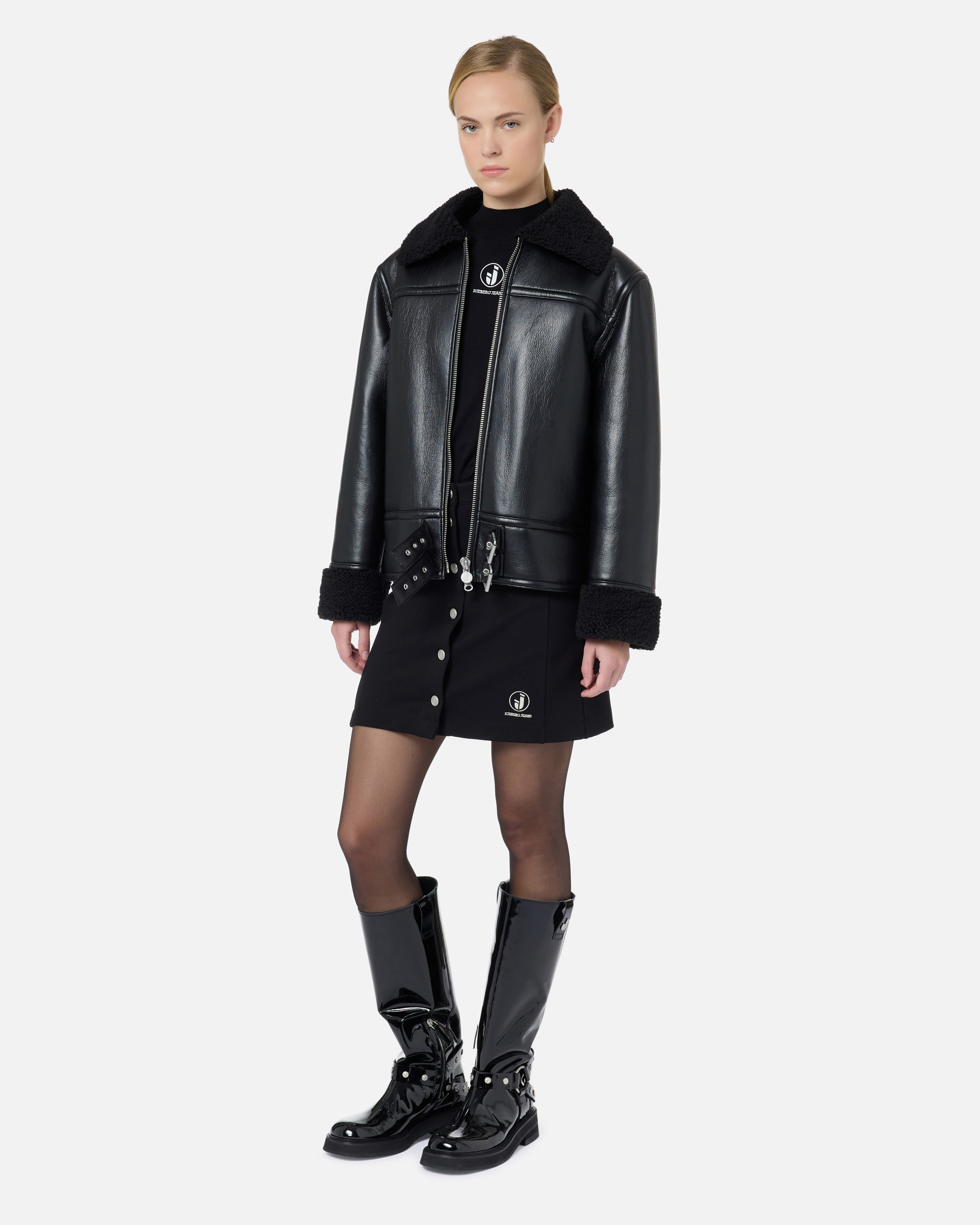 Black faux shearling aviator jacket with curly trim and Iceberg buckles - Iceberg - Official Website