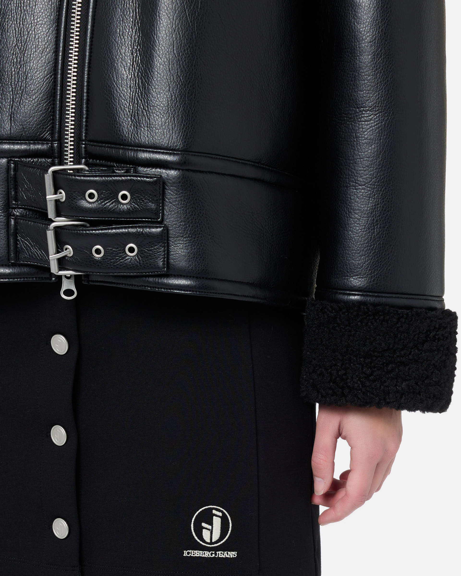 Black faux shearling aviator jacket with curly trim and Iceberg buckles - Iceberg - Official Website