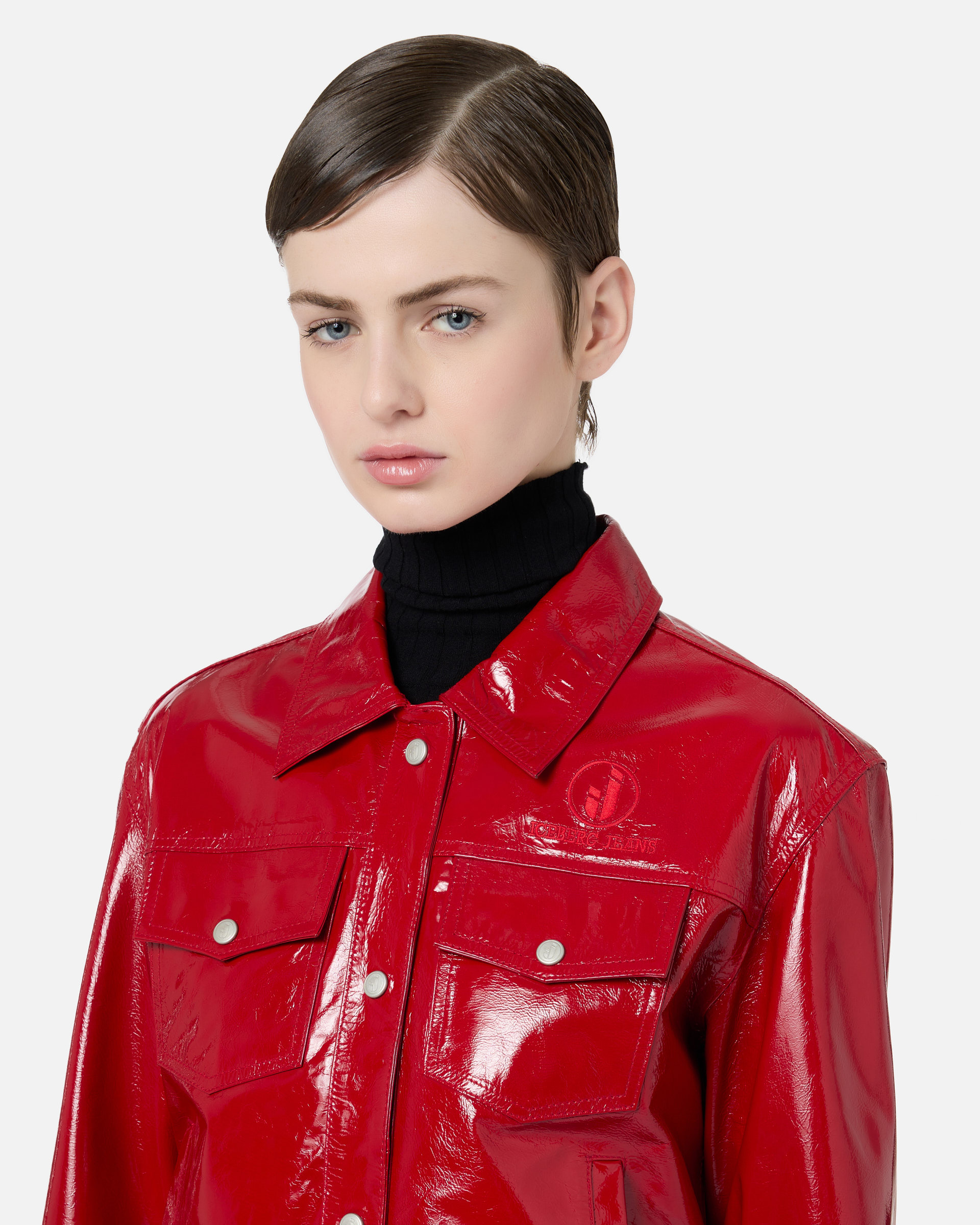 5-pocket jacket in lambskin with patent effect red - Iceberg - Official Website